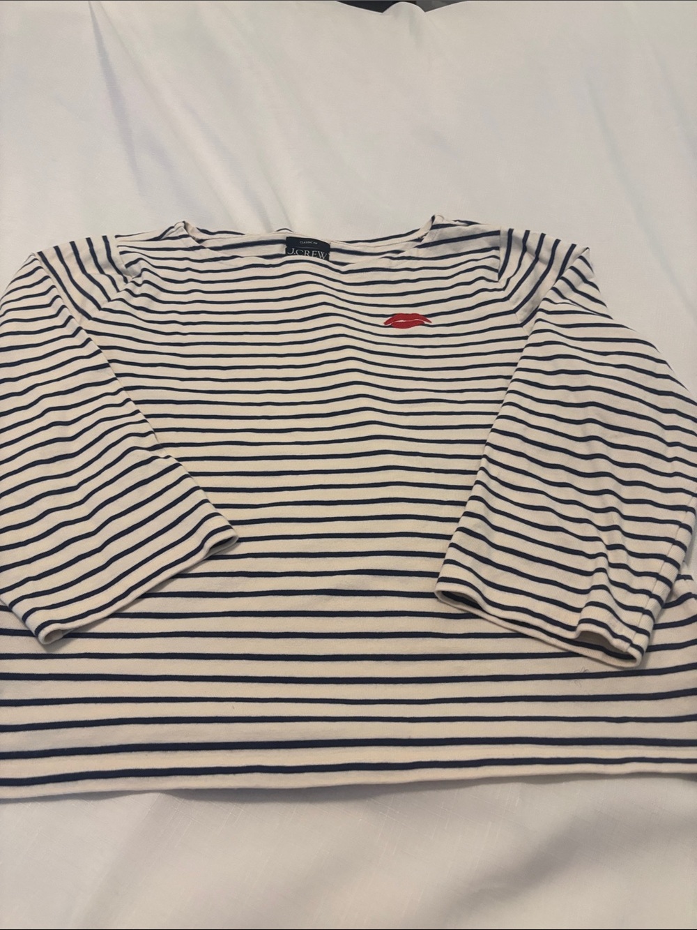 J Crew Boatneck top white & navy stripes SZ XXL embroidered red kiss nautical - Picture 5 of 9
